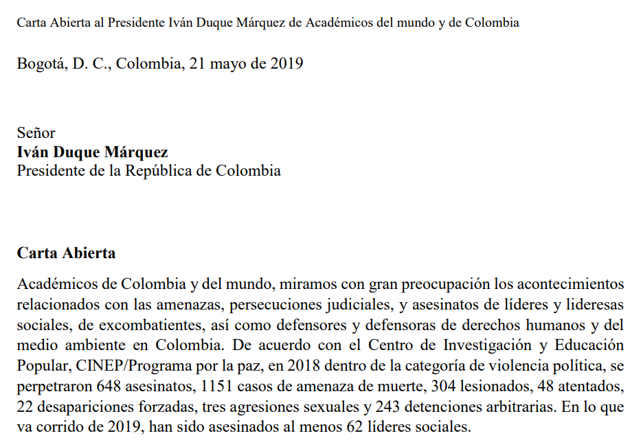CARTA ABIERTA AL PRESIDENTE IVÁN DUQUE MÁRQUEZ DE ACADÉMICOS DEL MUNDO Y DE COLOMBIA. INTRO: