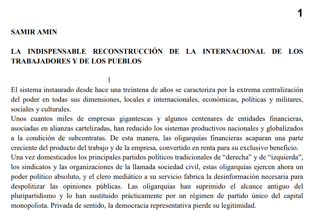 LA INDISPENSABLE RECONSTRUCCIÓN DE LA INTERNACIONAL DE LOS TRABAJADORES Y DE LOS PUEBLOS