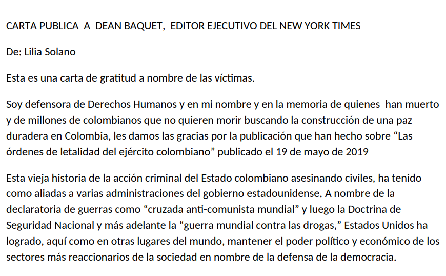 CARTA PUBLICA A DEAN BAQUET, EDITOR EJECUTIVO DEL NEW YORK TIMES